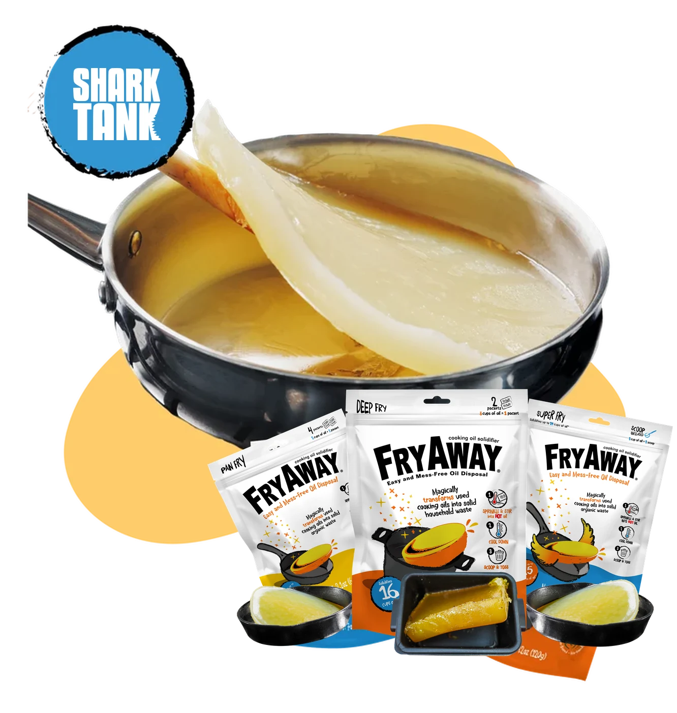 FryAway, as seen on Shark Tank: solidified oil in a pan with FryAway pouches